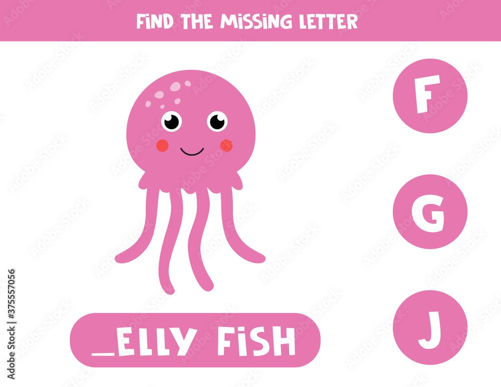 Fototapeta premium Find missing letter with cute cartoon jelly fish.
