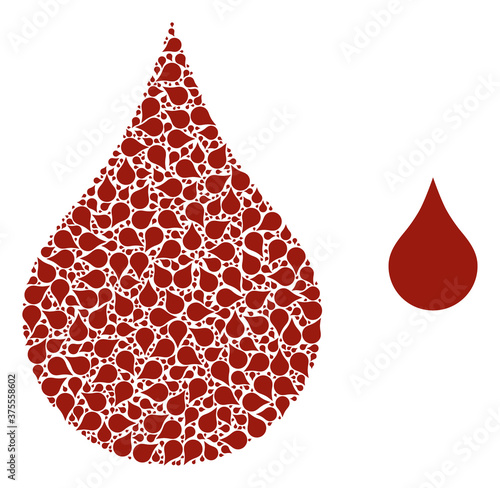 Vector red blood drop mosaic is constructed of random recursive red blood drop parts. Recursive collage of red blood drop.