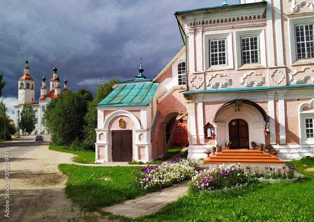 Old large pink church in the old town Totma,Vologda region,Russia