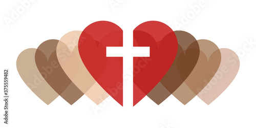 Christian love for diversity of all lives banner. Anti-racism cross with skin tone hearts representing love, inclusivity, diversity and equality for all ethnic groups. Vector illustration.