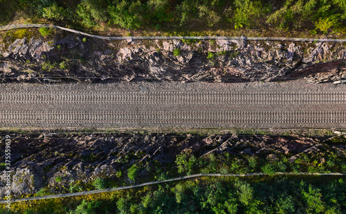 Obraz na płótnie Aerial view of the railway track. The railroad between the hills. w salonie