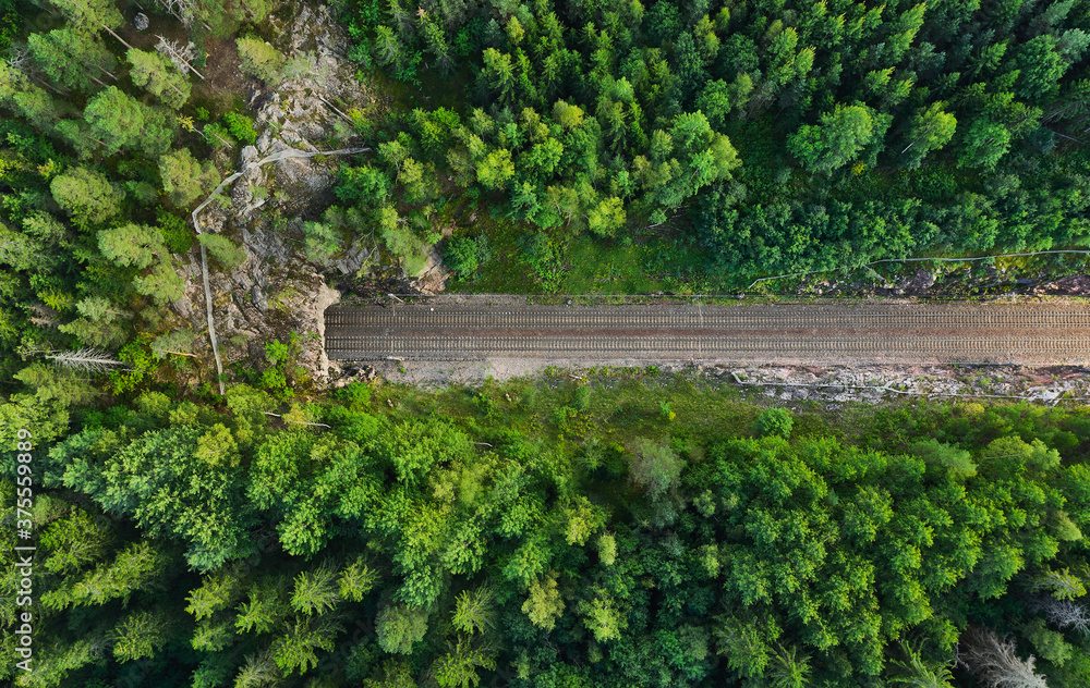Aerial view of the railway track. The railroad between the hills goes into a tunnel.