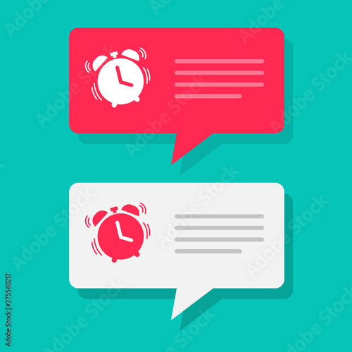 Reminder message notice with alarm clock bubble to wake up vector, watch timer notification flat icon, text chat alert red white color collection set isolated