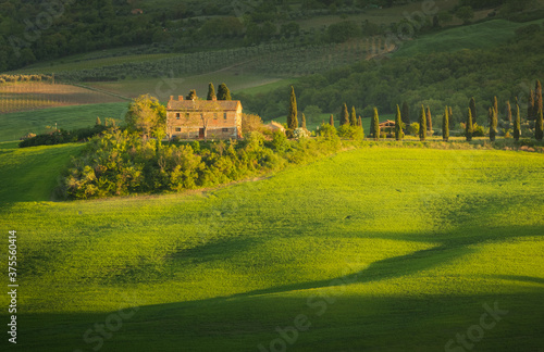 San Quirico d'Orcia, Tuscany, Italy - may, 15, 2019. A lonely farmhouse between rolling hills in Tuscany, during spring, when the wheat is ready for harvest. (ID: 375560414)