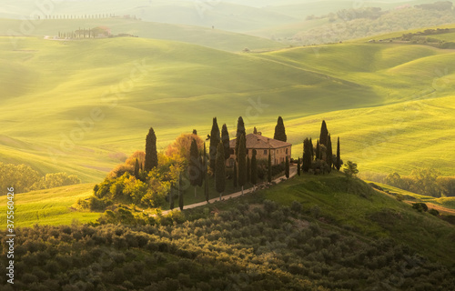 San Quirico d'Orcia, Tuscany, Italy - may, 15, 2019. A lonely farmhouse between rolling hills in Tuscany, during spring, when the wheat is ready for harvest. (ID: 375560426)