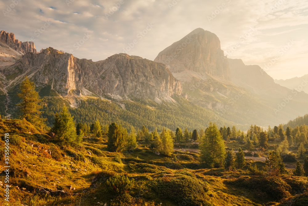 Morning light in Falzarego pass, Italian Dolomites