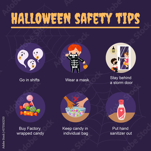 Halloween 2020  safety tips during corona virus pandemic. Stay safe information social media post template. Flat vector design.