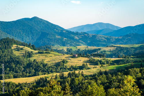 Fototapeta Naklejka Na Ścianę i Meble -  beautiful mountain landscape in summer. Blue sky with clouds in the morning over a distant ridge. forest on a hillside. view of the valley.