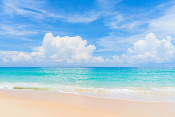 Beautiful tropical beach with blue sky and white clouds abstract texture background. Copy space of summer vacation and holiday business travel concept.