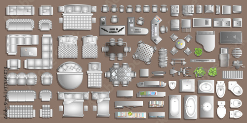 Icons set of interior. Furniture top view. Elements for the floor plan. (view from above). Furniture and elements for living room, bedroom, kitchen, bathroom, office.
