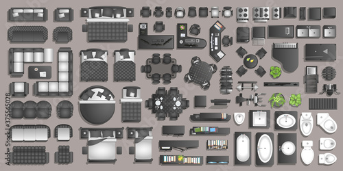 Icons set of interior. Furniture top view. Elements for the floor plan. (view from above). Furniture and elements for living room, bedroom, kitchen, bathroom, office.