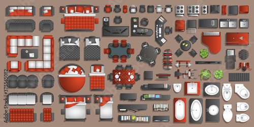 Icons set of interior. Furniture top view. Elements for the floor plan. (view from above). Furniture and elements for living room, bedroom, kitchen, bathroom, office.