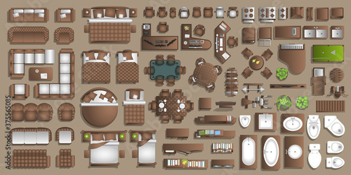 Icons set of interior. Furniture top view. Elements for the floor plan. (view from above). Furniture and elements for living room, bedroom, kitchen, bathroom, office.