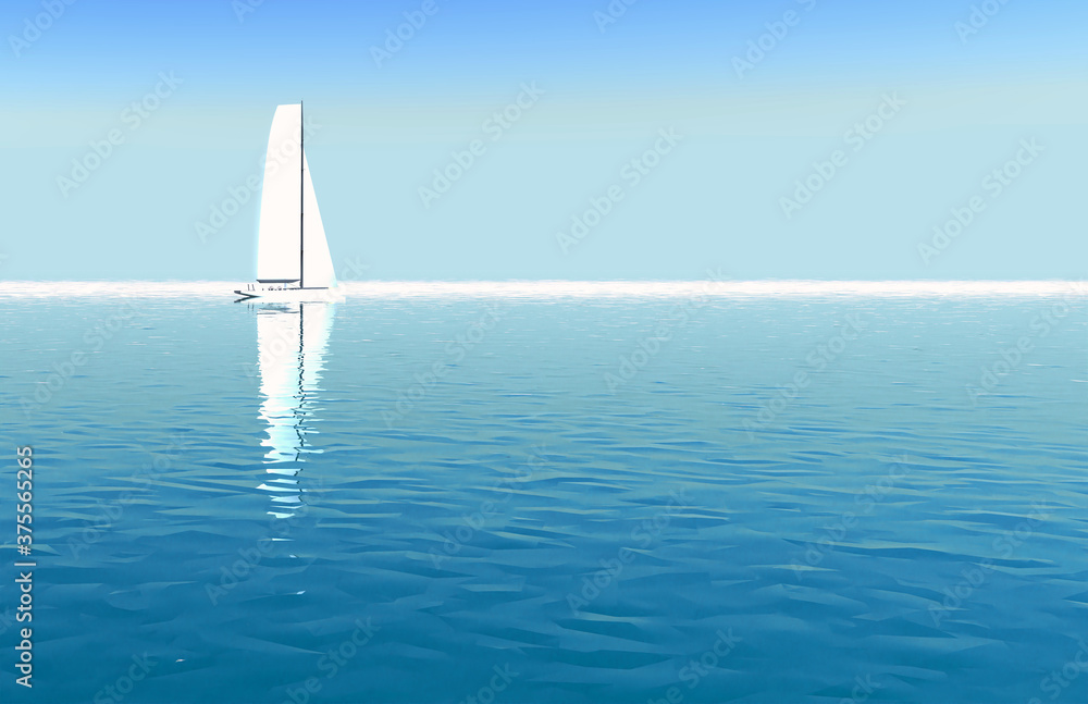 White Sailboat at Sea in Sunlight with Reflection. Soft Tone 3D Illustration with Copy-Space. Concept of Vacation, Calm, Nature, Summer, Freedom, Confidence, Business Leadership.