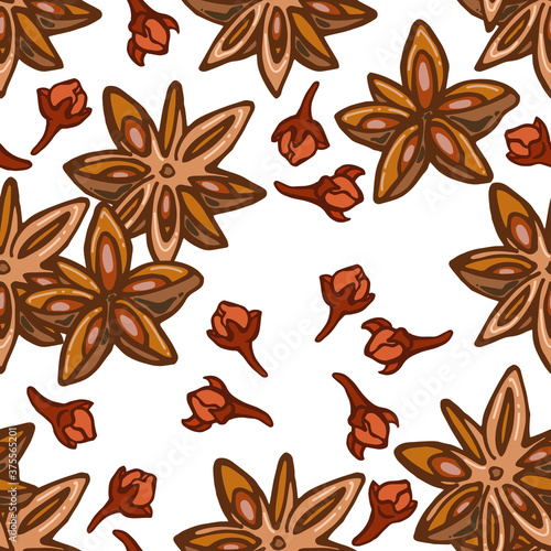 Seamless pattern of stars anise and cloves on a white background, vector illustration