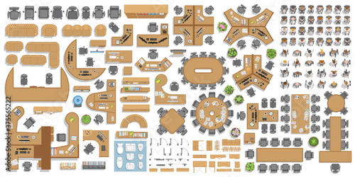 Vector set of office. People at work and office furniture. (top view) Desks, chairs, cabinets, sofas, computers, conference room, reception. Men and women in different poses. (view from above)