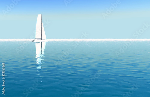 White Sailboat at Sea in Sunlight with Reflection. Soft Tone 3D Illustration with Copy-Space. Concept of Vacation, Calm, Nature, Summer, Freedom, Confidence, Business Leadership.