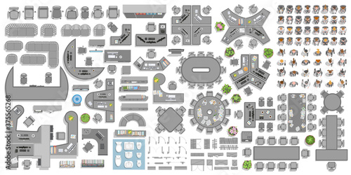 Vector set of office. People at work and office furniture. (top view) Desks, chairs, cabinets, sofas, computers, conference room, reception. Men and women in different poses. (view from above)
