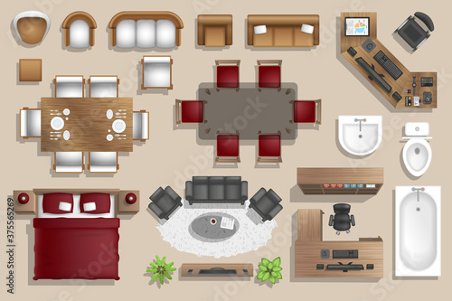Furniture for the bedroom, living room, kitchen, office, bathroom. Top view. Double bed, desk, sofa, wardrobe, bath, sink, chair. View from above.