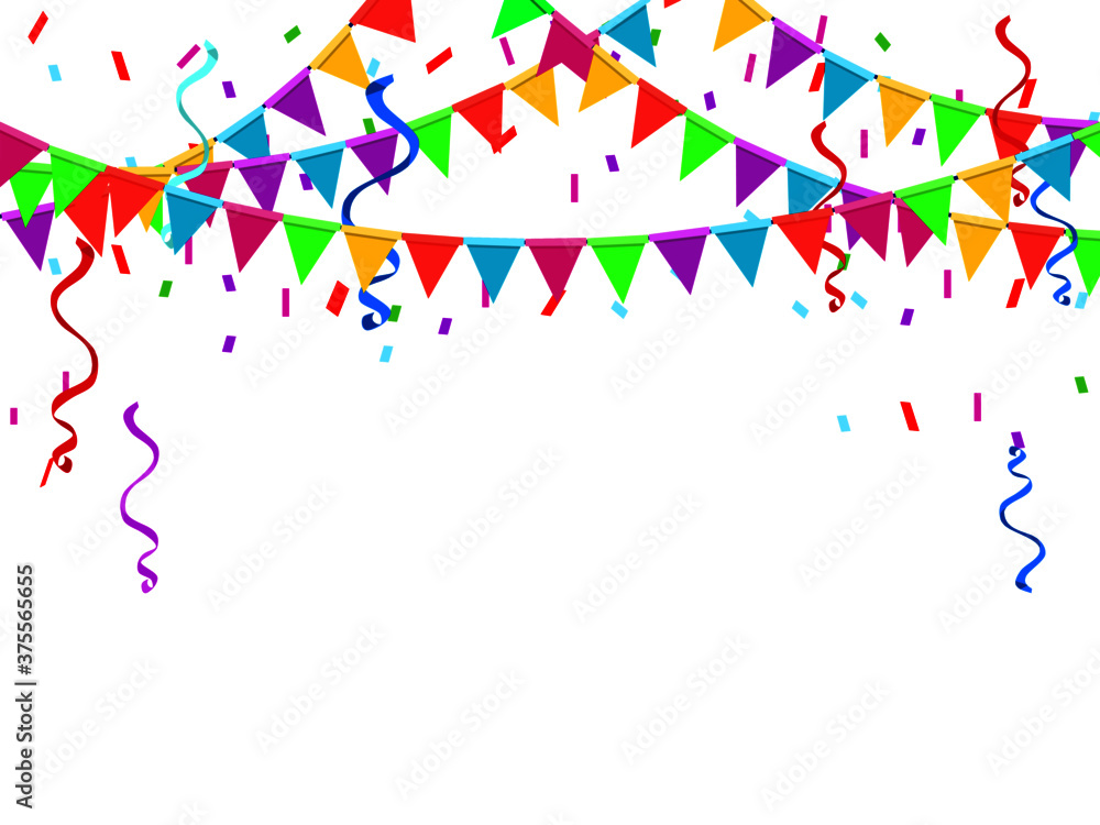 Colorful Party Flags With Confetti And Ribbons Falling On Transparent Background