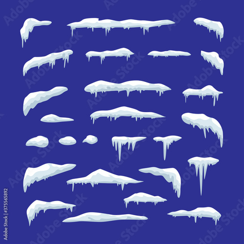 Set of snow caps, snowballs, icicles and snow drifts vector illustration. Winter decorative elements.