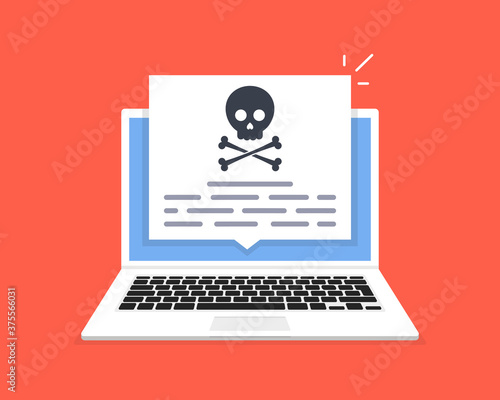 The laptop was hacked. Skull message on computer screen. Concept of virus, piracy, hacking and security. Vector illustration.