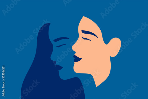 Young woman suffering from bipolar disorder, psychological diseases, schizophrenia. Happy young woman with and her ghostly sad twin behind.  Concept of Bipolar disorder. Flat vector illustration.