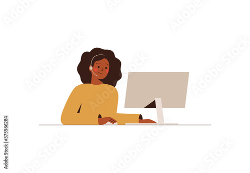 Black woman with a headset is working at the computer in the call center. African female works in the support department. Online communication, hotline. Vector illustration