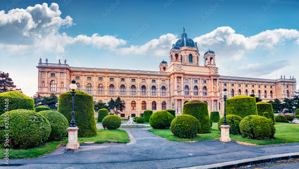 Wonderful spring scene of Maria Theresa Square with famous Naturhistorisches Museum (Natural History Museum). Stunning morning cityscape of Vienna, Austria, Europe. Traveling concept background..