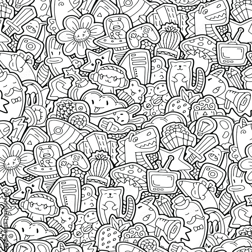 Vector illustration. Hand drawn doodle. Seamless pattern. Computer games and cartoon characters. Coloring page. Illustration for a children's book.