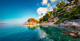 Attractive morning seascape of Adriatic sea. Marvelous summer view of small beach in famous resort - Brela, Croatia, Europe. Beautiful world of Mediterranean countries.