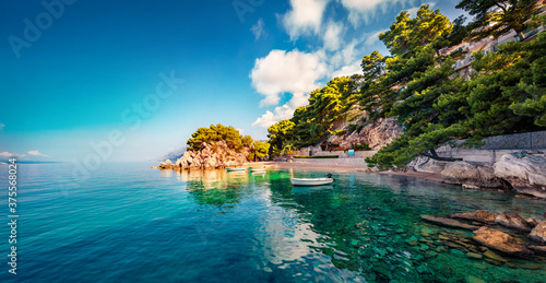 Fototapeta Naklejka Na Ścianę i Meble -  Attractive morning seascape of Adriatic sea. Marvelous summer view of small beach in famous resort - Brela, Croatia, Europe. Beautiful world of Mediterranean countries.
