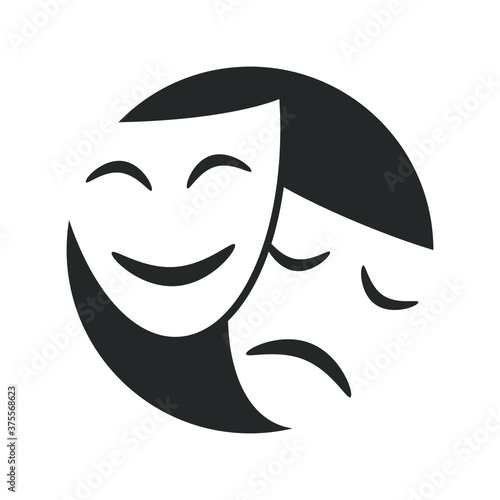 Theatrical masks graphic icon. Sign masks in the circle isolated on white background. Symbol of theatre. Vector illustration