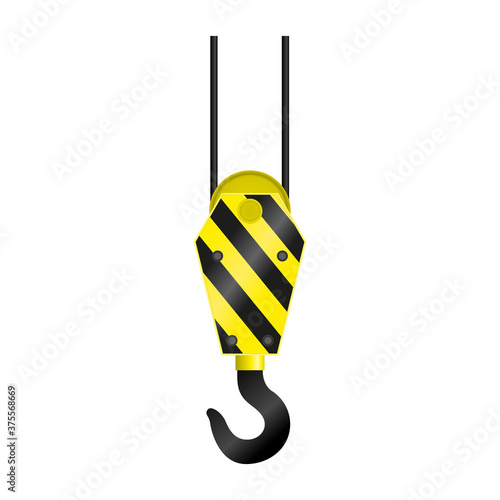 Lifting hook used in construction and moving loads on a white background. Isolated. With black and yellow stripes