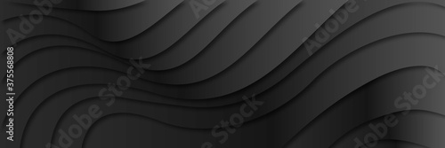 Black abstract tech banner with liquid curved glossy waves. Dark refraction vector background 