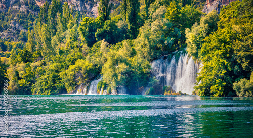 Attractive summer view of Krka waterfalls. Wonderful morning scene of Krka National Park, Roski Slap location, Croatia, Europe. Beautiful world of Mediterranean countries. photo