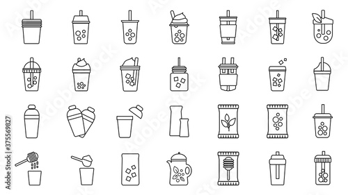 Bubble milk tea vector icon set. Simple flat design icon for boba tea, pearl milk tea, coffee cup, drinks accesories. Vector illustration.