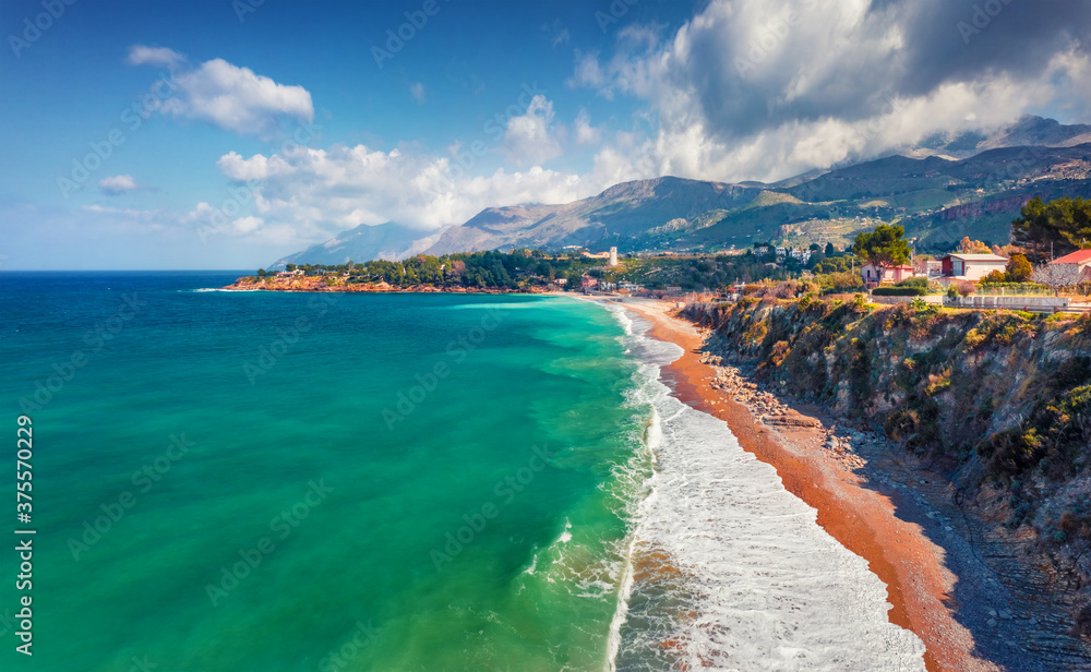 Astonishing spring view from flying drone of popular tourist destination - Guidaloca beach, Scopello location, Sicily, Europe. Beautiful morning seascape of Mediterranean sea, Italy, Europe.