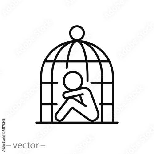 sad human in the cage icon, violence for person, slavery and dependence concept, thin line web symbol on white background - editable stroke vector illustration eps 10