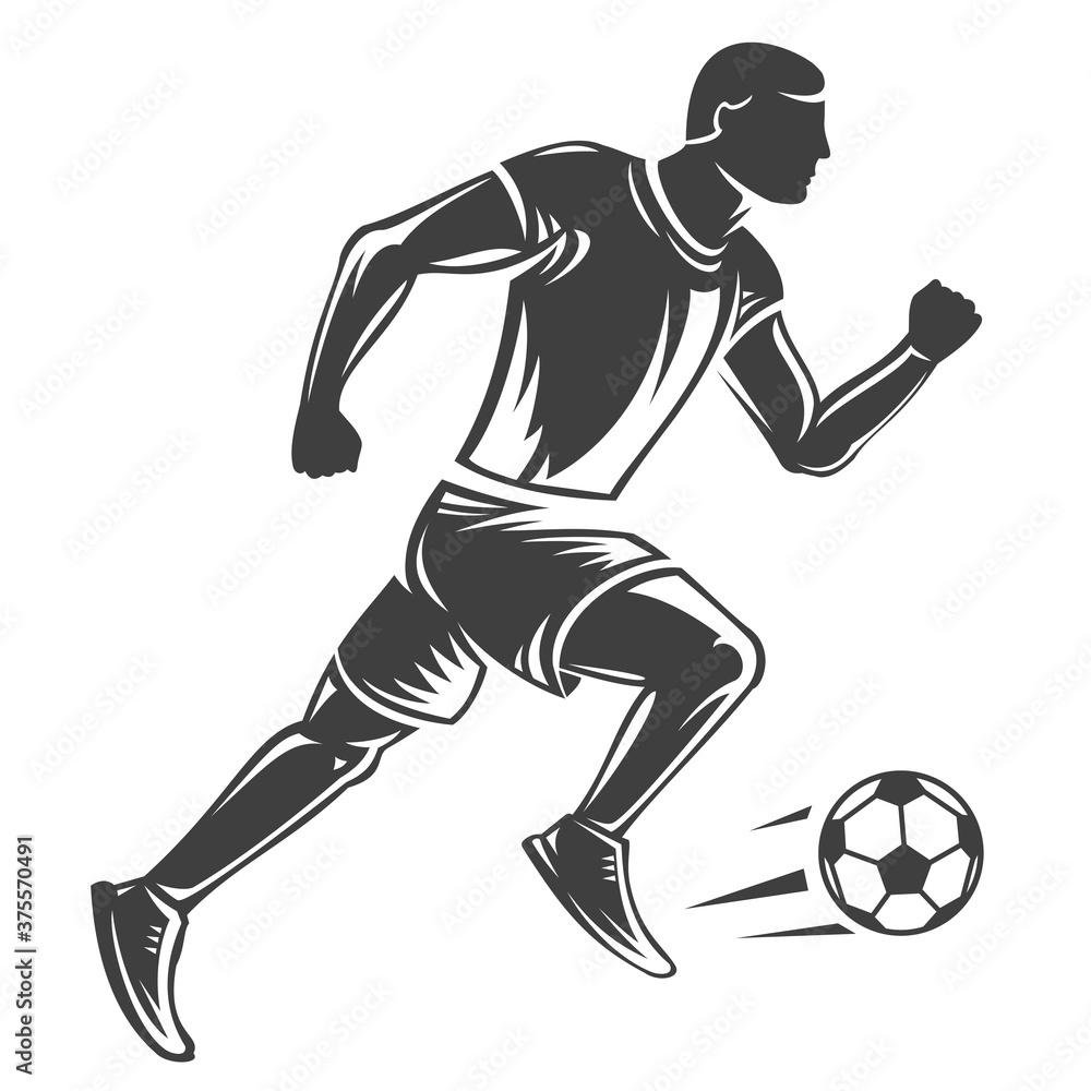 Hand drawn silhouette running man football player isolated on white background. Stylized vector illustration of athletics. Minimalistic vintage design template element for print, label, badge.