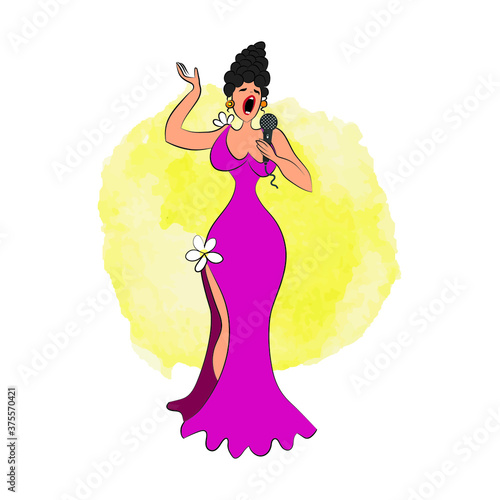 female singer . female singer in pink dress , singing into a microphone, holding mic with hand. vector