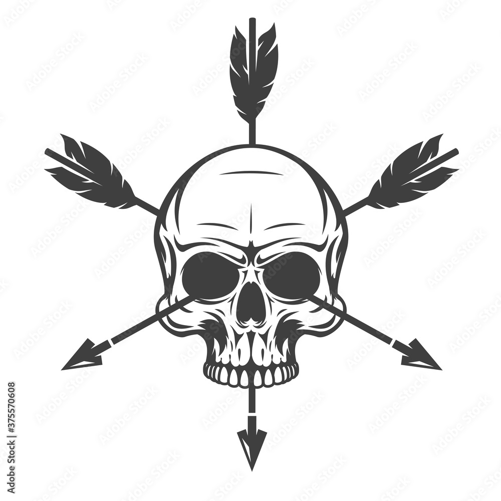 Vintage monochrome human skull with arrow isolated on white background. Hand drawn design element template for emblem, print, cover, poster. Vector illustration.
