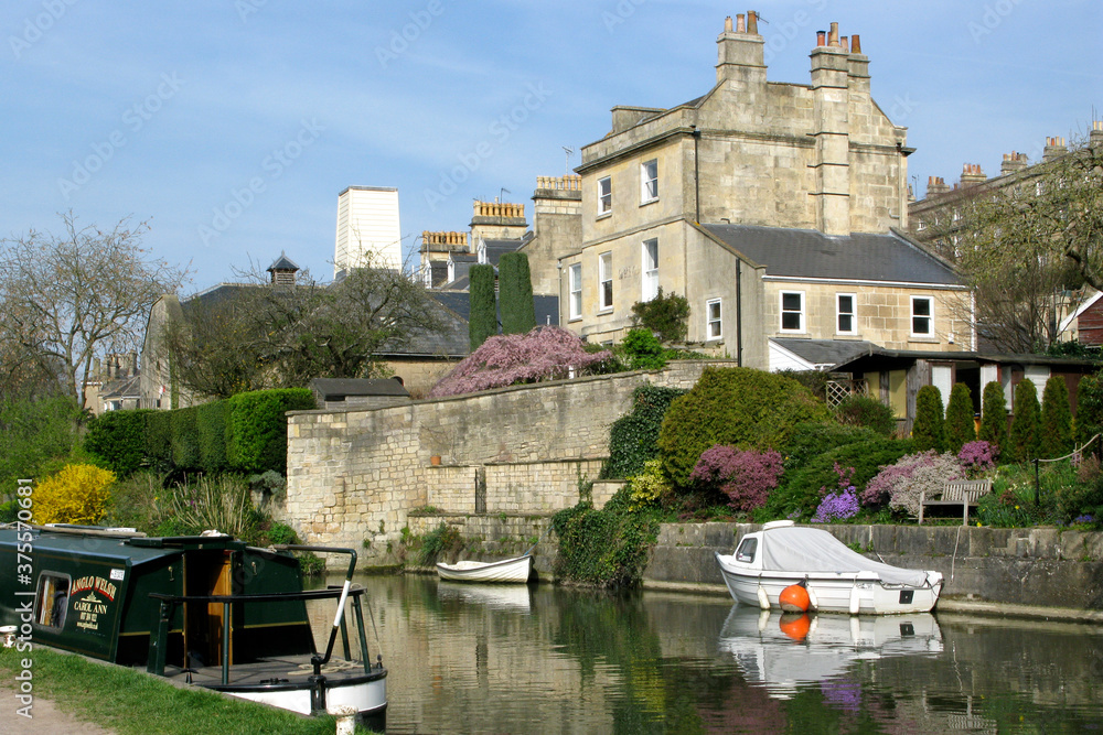 Historic Georgian houses along the Kennet and Avon canal in Bath, Somerset