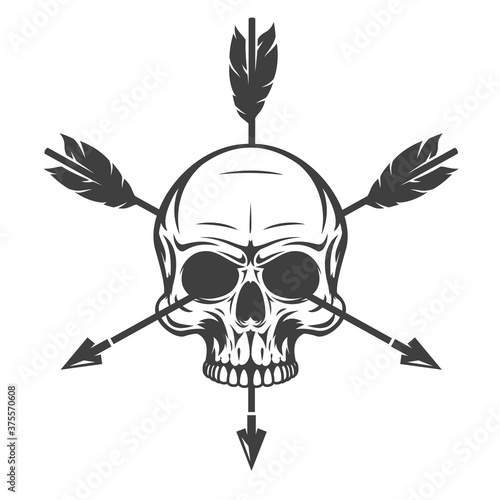 Vintage monochrome human skull with arrow isolated on white background. Hand drawn design element template for emblem, print, cover, poster. Vector illustration.