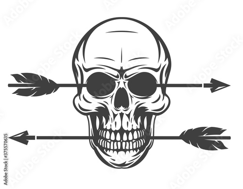 Vintage monochrome human skull with arrow isolated on white background. Hand drawn design element template for emblem, print, cover, poster. Vector illustration.
