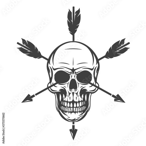 Vintage monochrome human skull with arrow isolated on white background. Hand drawn design element template for emblem, print, cover, poster. Vector illustration.