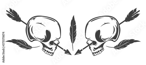 Vintage monochrome two human skull with feather and arrow isolated on white background. Hand drawn design element template for emblem, print, cover, poster. Vector illustration.