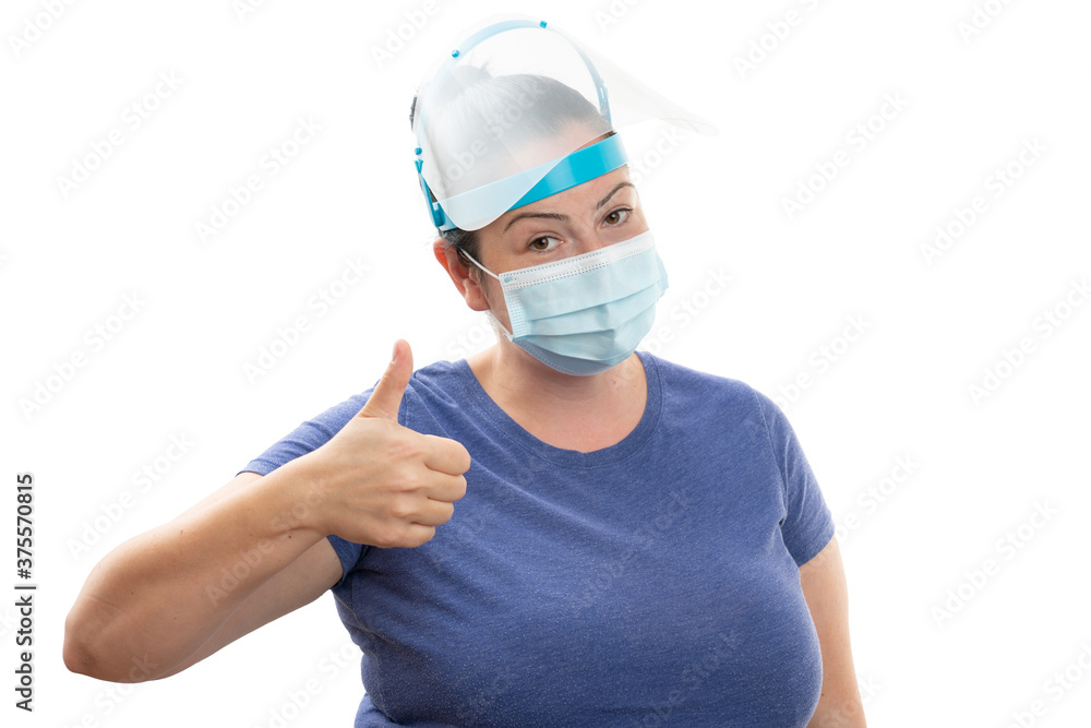Adult woman wearing covid19 protection making like gesture Adult woman wearing covid19 protection making like gesture
