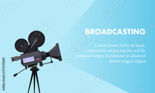 Vector illustration of a studio broadcast camera. Suitable for live broadcast illustrations, online show promotion banners and cinema poster presentations. Movie video promotion background template.