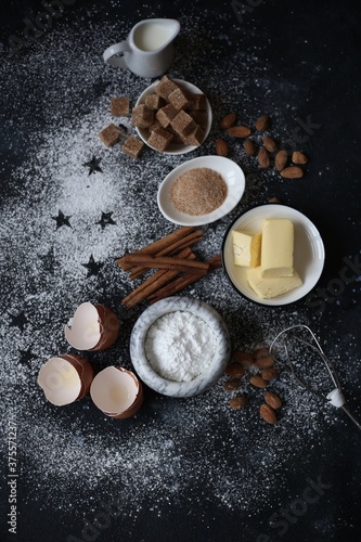 ingredients for baking and kitchen utensils